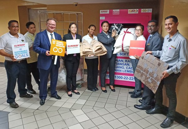 The Sustainable Committee of Sunway Hotels & Resorts recycling used and discarded fabric into the Kloth Cares Bin to keep fabrics out of landfills The Sustainable Committee of Sunway Hotels & Resorts recycling used and discarded fabric into the Kloth Cares Bin to keep fabrics out of landfills