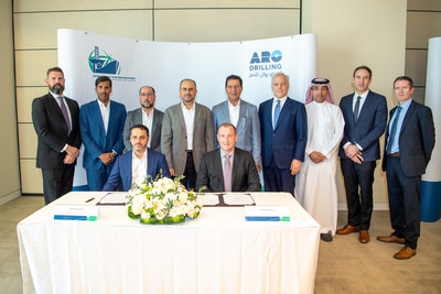International Maritime Industries CEO, Mr. Fathi Al Saleem, and ARO Drilling’s CEO, MR. Kelly McHenry, signing the Two New Build Rig Orders in attendance of International Maritime Industries Chairman, Mr. Ahmad A. Al-Sa’adi, Senior vice president, Technical Services of Saudi Aramco and other board and management representatives from the two companies. International Maritime Industries CEO, Mr. Fathi Al Saleem, and ARO Drilling’s CEO, MR. Kelly McHenry, signing the Two New Build Rig Orders in attendance of International Maritime Industries Chairman, Mr. Ahmad A. Al-Sa’adi, Senior vice president, Technical Services of Saudi Aramco and other board and management representatives from the two companies.