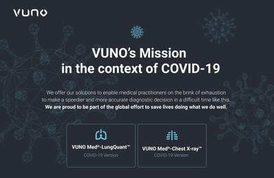 The AI products for COVID-19 created by VUNO are available for free for anyone who wants to use our AI algorithms to analyze a chest X-ray or CT scan. The AI products for COVID-19 created by VUNO are available for free for anyone who wants to use our AI algorithms to analyze a chest X-ray or CT scan.