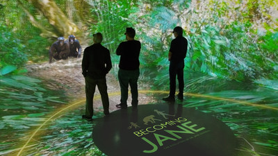 Gombe 3D immersive theater experience at the "Becoming Jane: The Evolution of Dr. Jane Goodall" exhibition at National Geographic Museum. Gombe 3D immersive theater experience at the "Becoming Jane: The Evolution of Dr. Jane Goodall" exhibition at National Geographic Museum.