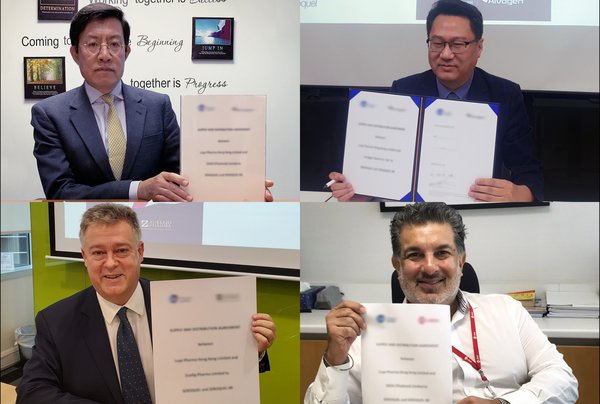 Luye Pharma signs agreements with partners (Upper left to right: Dr. Yehong Zhang, President of Luye Pharma (International); Justin Lee, Country Manager of Alvogen Korea; Lower left to right: Andi Umbricht, Chief Executive of Zuellig Pharma Hong Kong & Macau; Bijay Singh, Global Head of Business Unit Healthcare of DKSH)