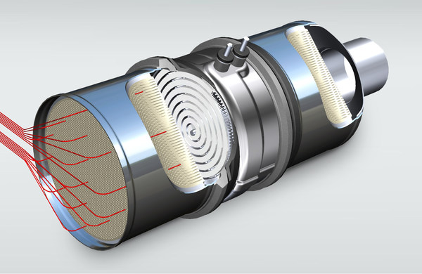 The electrically heated catalytic converter from BENTELER (shown in the picture) consists of a stacked metal structure. It is welded into the exhaust system between the turbocharger and the conventional catalytic converter. The electrically heated catalytic converter from BENTELER (shown in the picture) consists of a stacked metal structure. It is welded into the exhaust system between the turbocharger and the conventional catalytic converter.