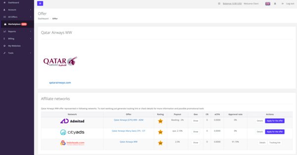 An example of Indoleads' affiliate marketplace features An example of Indoleads' affiliate marketplace features