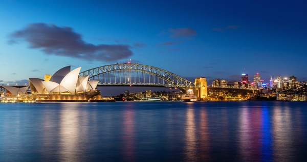 Sydney skyline at twilight. Panorama of the Sydney Skyline. The Sydney Opera House small on the left side, Sydney Harbour Bridge in the middle. Twilight Scenic Sydney Panorama. Sydney, Australia. Canon 5DSR 50MPixel Panorama. Sydney skyline at twilight. Panorama of the Sydney Skyline. The Sydney Opera House small on the left side, Sydney Harbour Bridge in the middle. Twilight Scenic Sydney Panorama. Sydney, Australia. Canon 5DSR 50MPixel Panorama.