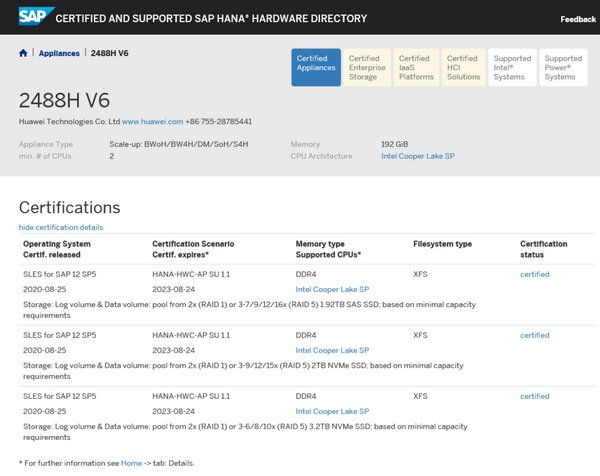 Huawei FusionServer Pro 2488H V6 SAP HANA appliance certification results Huawei FusionServer Pro 2488H V6 SAP HANA appliance certification results