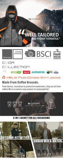 Wake up and smell the coffee: COOR™ 3-in-1 outdoor jacket made from upcycled coffee grinds launches on Kickstarter. Designed to be everlasting, “the last jacket you’ll ever need”, combines leading performance technology with bio-based fabrics and multifunctional 3-in-1 design. Wake up and smell the coffee: COOR™ 3-in-1 outdoor jacket made from upcycled coffee grinds launches on Kickstarter. Designed to be everlasting, “the last jacket you’ll ever need”, combines leading performance technology with bio-based fabrics and multifunctional 3-in-1 design.