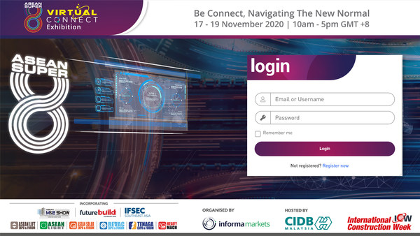 Landing page of ASEAN Super 8 Virtual Connect Exhibition where visitors and buyers register or login at www.aseansuper8-virtual.com