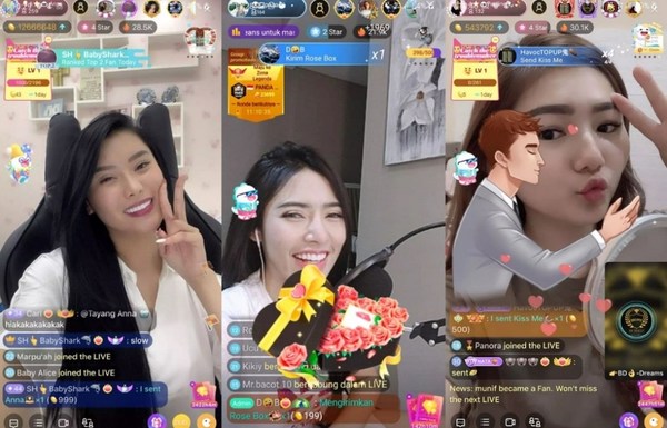 Broadcasters Anna, Silva and Pauline livestreaming on Bigo Live.