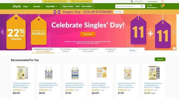 Double Eleven -- iHerb offer a 22% discount without any limit and threshold Double Eleven -- iHerb offer a 22% discount without any limit and threshold