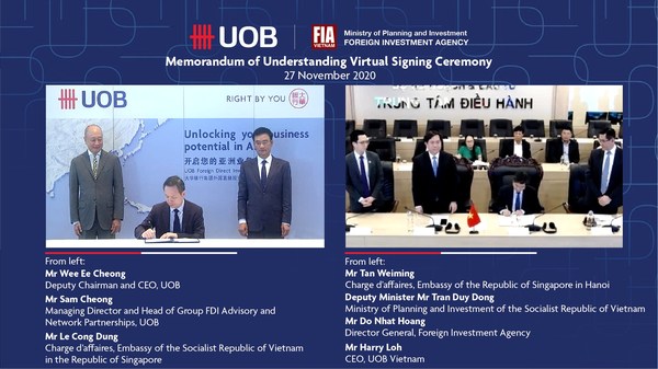 From L to R: Mr Wee Ee Cheong, Deputy Chairman and CEO, UOB; Mr Sam Cheong, Head of Group FDI Advisory and Network Partnerships, UOB; Mr Le Cong Dung, Charge d’affaires, Embassy of the Socialist Republic of Vietnam in the Republic of Singapore; Mr Tan Weiming, Charge d’affaires, Embassy of the Republic of Singapore in Hanoi; Deputy Minister Mr Tran Duy Dong, MPI of the Socialist Republic of Vietnam; Mr Do Nhat Hoang, Director General, FIA; Mr Harry Loh, CEO, UOB Vietnam