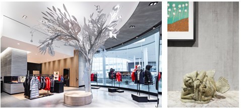 "Story Tree" by Alex Fisher and Qavavau Manumi in Canada Goose’s Yorkdale Shopping Centre Store | "Sedna and Young" by Pootoogook Jaw in Canada Goose’s Paris Store