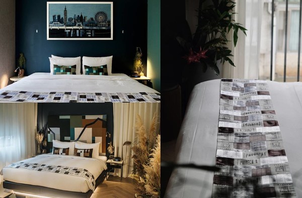From top-left, bottom-left, to right: Livingreen Room, Hiddenspace Room, and bed running made of disposed care labels.