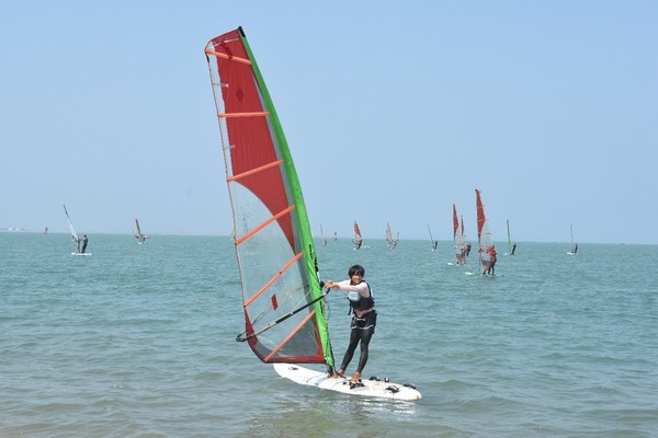 Windsurfing athletes in training at the Haikou National Sailing and Windsurfing Base