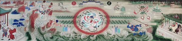 A detail from the mural "Nezha Stirs Up the Sea" by Zhang Ding. A detail from the mural "Nezha Stirs Up the Sea" by Zhang Ding.