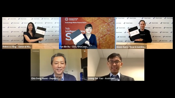 Photo: Virtual signing ceremony between Trustana and OneConnect Financial Technology to mark the strategic collaboration. Top-row, from left to right: Ms Rebecca Xing, General Manager, Trustana; Ms Tan Bin Ru, CEO, Southeast Asia, OneConnect Financial Technology; Mr Glenn Gore, Board member of Trustana & CEO, Affinidi Second-row, from left to right: Mr Chia Song Hwee, Deputy Chief Executive Officer of Temasek; Mr Leong Der Yao, Assistant Chief Executive, Sectoral Transformation, Infocomm Media Development Authority of Singapore
