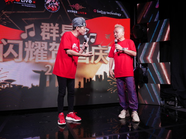 Getai veterans Wang Lei (left) and Marcus Chin (right) exchanging jokes on stage, much to the delight of viewers online