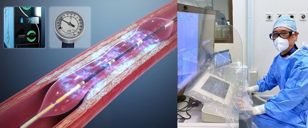 Lithotripsy balloon with shockwave pulses (left), Dr Joshua Loh performing Robotic PCI (right)