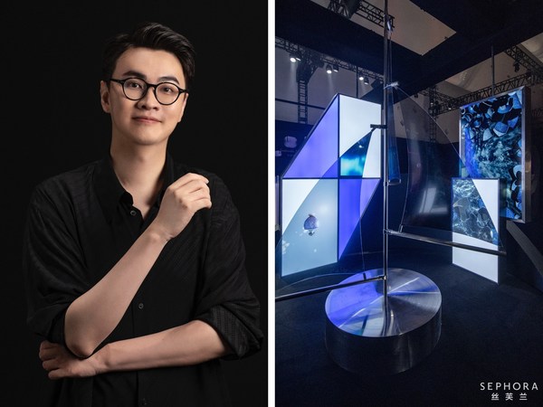 Chinese artist Chen Baoyang with his artwork In layers of Blue