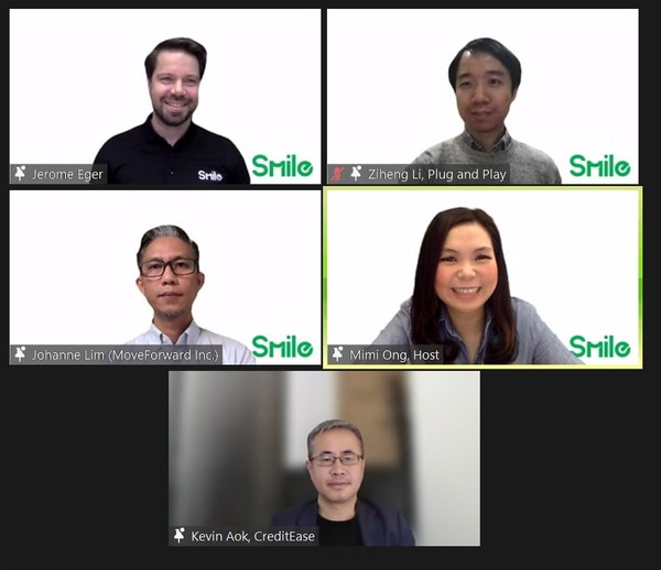Top row, from left: Smile API CEO Jerome Eger; Senior Ventures Analyst at Plug and Play Singapore Ziheng Li; Middle row, from left: MoveForward Inc. CEO Johanne Lim; Event host and media personality Mimi Ong; Bottom row: Head of Strategic Investment and M&A from Credit Ease, Kevin Aok.