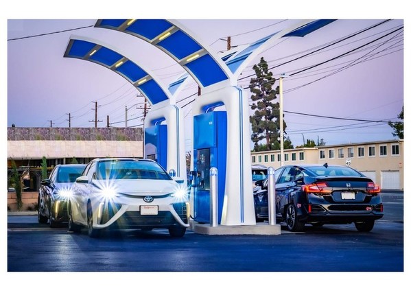 Hydrogen powered fuel cell vehicles line up at a True Zero retail hydrogen station. FirstElement is the developer, owner and operator of the True Zero brand of retail hydrogen stations which currently represents the largest retail hydrogen station network in the world.