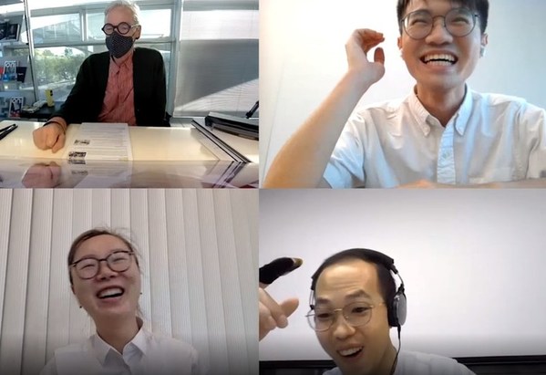 James Dyson breaking the news to the team members of HOPES. (Clockwise from top left) Sir James Dyson, Li Si, David Lee, Yu Kelu