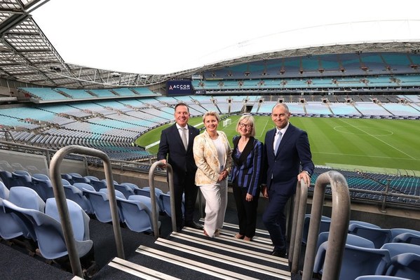 Accor Stadium L-R Simon McGrath (Accor Pacific CEO), Renae Trimble (Accor Pacific CCO), Kerrie Mather (Venues NSW CEO), and Daryl Kerry (Stadium Australia CEO)