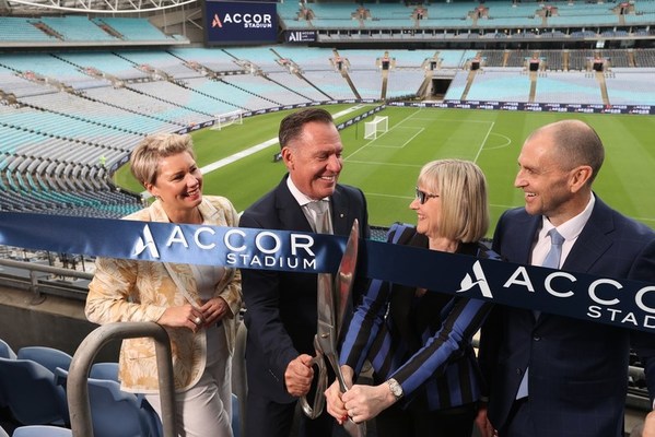 Accor Stadium Ribbon Cutting L-R Renae Trimble (Accor Pacific CCO), Simon McGrath (Accor Pacific CEO), Kerrie Mather (Venues NSW CEO), and Daryl Kerry (Stadium Australia CEO)