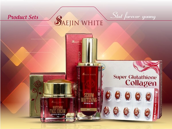 Saejin White product set includes: Super glutathione Collagen capsule, Serum Whitening, Whitening Face Cream.Protects and nourishes the skin from inside out.