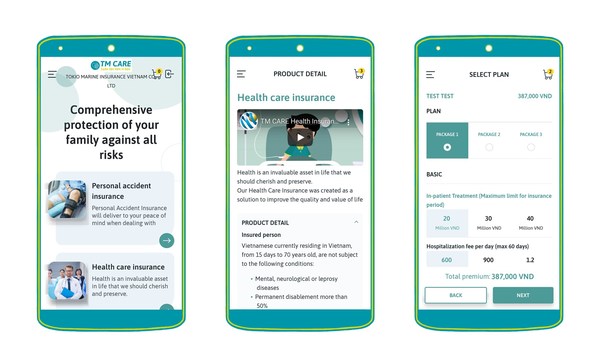 TM Care app’s screens from left: Homepage; Product details page; Plan selection page