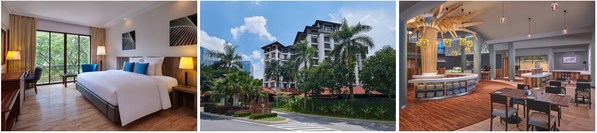 L-R: Guest Room, Exterior of Palm Garden Hotel, Putrajaya, a Tribute Portfolio Hotel; Palms Café