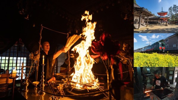 Left: "Mount Koya", a World Heritage Site. Tourists can feel the solemn and sacred atmosphere of religion by staying at a shukubo (temple lodging) and participating in a monk's morning service. Upper right: "Danjo Garan," one of the sacred places of Mount Koya. Middle right: Nankai Electric Railway's sightseeing train "Tenku" provides a comfortable ride from Osaka to Mount Koya. Bottom right: Sakai knives manufactured in Sakai City are highly regarded all over the world. At the knife factory, Tourists can experience the craftsmanship up close.