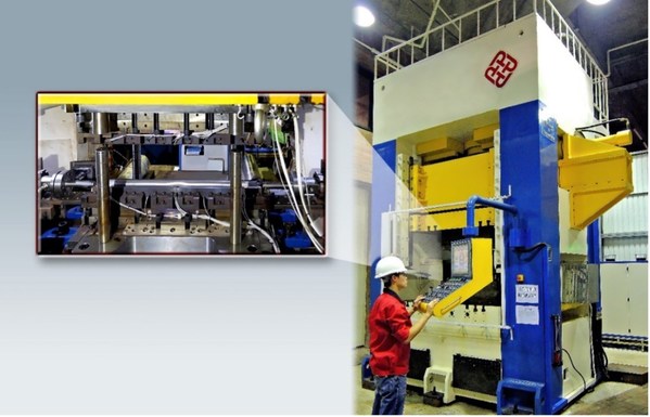 An illustration presents a special tooling system and its 2500T equipment by tube hydroforming process with ALLITE ® Super Magnesium™ in position