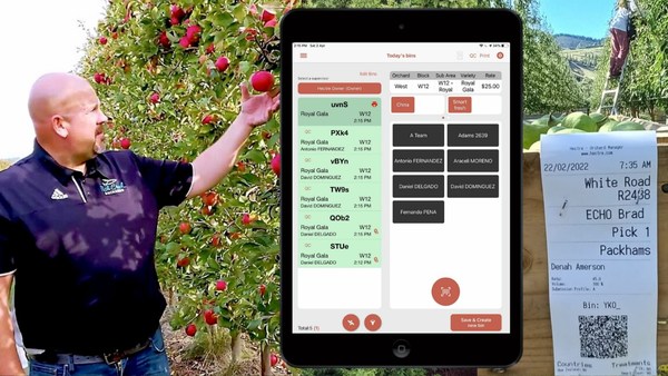 The clever simplicity of the Hectre Orchard Management App on show. Jason Woodworth, CEO of Lamont Fruit Farms uses Hectre and says the bilingual capability and ease of use has been a huge plus for their company. Harvest data, labor tracking and quality control are all captured in real time, flowing through to yield and labor reporting, and auto generating payroll data. Hectre customers can print waterproof bin tickets right in the field, straight off a mobile printer.