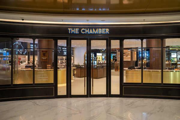The entrance of The Chamber is decked with a full glass window display which reveals the luxurious decor of the store as well as the collection of spirits available.