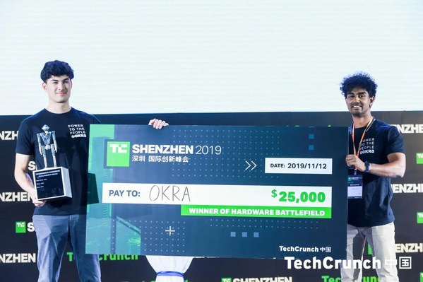 From left to right: Okra COO, Callum Yap, and CEO, Afnan Hannan, after winning the TechCrunch Hardware Battlefield competition in Shenzhen 2019 From left to right: Okra COO, Callum Yap, and CEO, Afnan Hannan, after winning the TechCrunch Hardware Battlefield competition in Shenzhen 2019