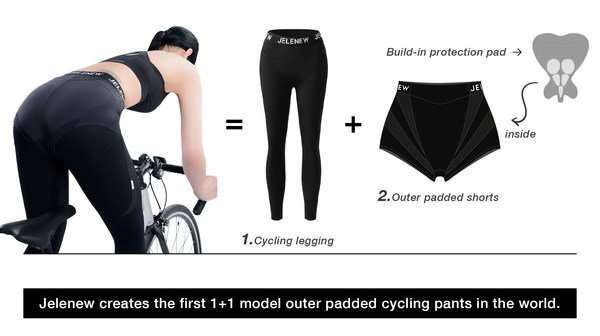 Jelenew 1+1 model outer padded cycling pants = 1 cycling leggings + 1 outer padded cycling shorts with a build-in protection pad,just like Lego, can be "assembled freely"