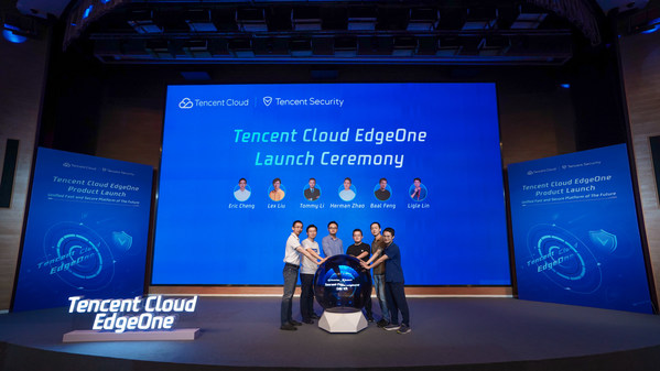 Eric Cheng (General Manager of Tencent Security), Lex Liu (General Manager of Wesing), Tommy Li (Vice President of Tencent Cloud), Herman Zhao (Assistant General Manager of Regional Publishing), Baal Feng (General Manager of Global DevOps at Tencent Games), Ligle Lin (Vice General Manager of International Products at Tencent Cloud) today announced the launch of Tencent Cloud EdgeOne (From left to right)