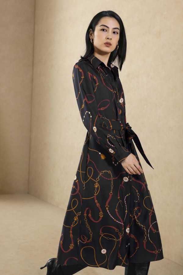 Louisville Print Trench Dress, The figure-flattering A-line silhouette features a waist-tie for cinching at the waist, and is beautiful on all figures.