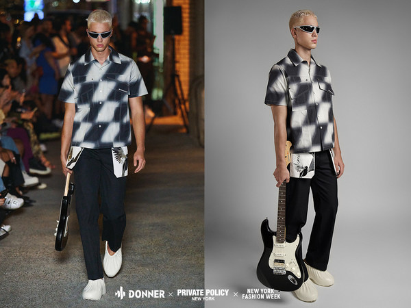 Donner X Private Policy_NYFW2023_show look with electric guitar DST-400 / Photo credit: Guanyu Liu Donner X Private Policy_NYFW2023_show look with electric guitar DST-400 / Photo credit: Guanyu Liu