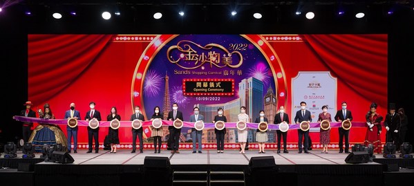 Guests of honour officiate the opening ceremony of the 2022 Sands Shopping Carnival Saturday at The Venetian Macao’s Cotai Expo.