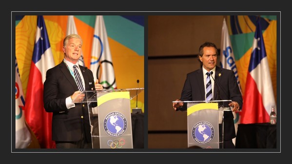 Paul J. Foster, CEO of the Global Esports Federation (left) and Neven Ilic, President of Panam Sports (right) speaking at the 60th Panam Sports General Assembly in Santiago on 31 August 2022.
