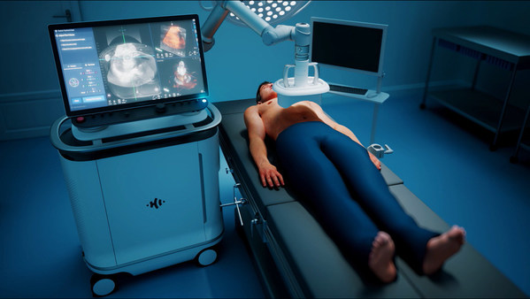 Image of Edison™ system, currently under development, positioned over patient to deliver non-invasive histotripsy