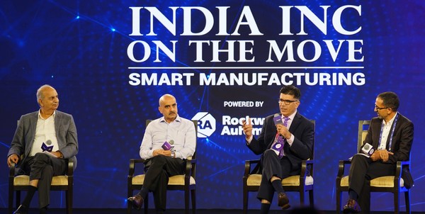 Panel discussion at India Inc On The Move 2022 on Leveraging Data for Connected Enterprise. (Seated L-R): Rajesh Uppal, Member, Executive Board (HR, IT and Safety), Maruti Suzuki India; Sudhanshu Naithani, Executive Director - Corporate Digital Transformation, BHEL; Dilip Sawhney, Managing Director, India, Rockwell Automation; and Nabil El Bouzrati, South Asia Region Chief Engineer, Nestlé S.A.