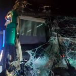 Driver badly injured as express bus rams trailer