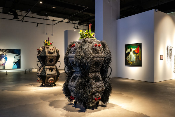 Installation view of Haegue Yang's The Hybrid Intermediates – Flourishing Electrophorus Duo (The Sonic Intermediate – Hairy Carbonous Dweller and The Randing Intermediate – Furless Uncolored Dweller) (2022) at Singapore Art Museum at Tanjong Pagar Distripark. Image courtesy of Singapore Art Museum.