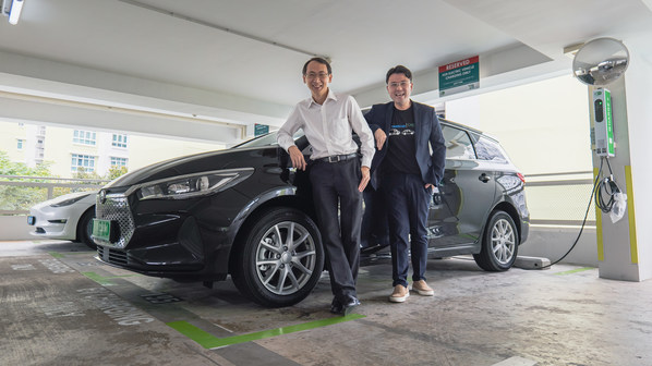 From L to R: Goh Chee Kiong, CEO of Charge+, and Adrian Lee, Co-Founder of Tribecar, in front of Tribecar vehicles at a Charge+ EV charging station From L to R: Goh Chee Kiong, CEO of Charge+, and Adrian Lee, Co-Founder of Tribecar, in front of Tribecar vehicles at a Charge+ EV charging station
