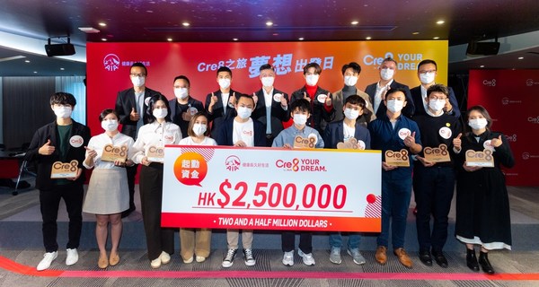 Alger Fung, Chief Executive Officer of AIA Hong Kong & Macau (forth from top left), and Ivan Choi, Director, Marketing and Business Planning of AIA Hong Kong & Macau (first from top right) as pictured with Neo Yau, Founder of “Trial & Error” Channel (third from top left), Hins Cheung, multi-talented songwriter-singer (fourth from top right), Chris Chan, Co-founder of 9GAG (first from top left), Alex Wong, Co-founder of Dustykid – Soul Caring Brand (second from top left), Terrence Hon, Co-founder of GreenPrice – Social Enterprise (third from top right), and Grégoire Michaud, Founder of Bakehouse – Bakery (second from top right) congratulate winners and runners-up at “Cre8 by AIA” award ceremony.