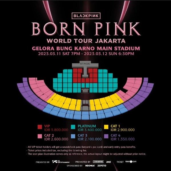 BLACKPINK concert tickets for BLACKPINK WORLD TOUR [BORN PINK] JAKARTA. This concert will be held for 2 (two) consecutive days, 11 and 12 March 2023, at the Bung Karno Main Stadium, Jakarta. Tickets can be purchased on the tiket.com application from 14 and 15 November 2022.