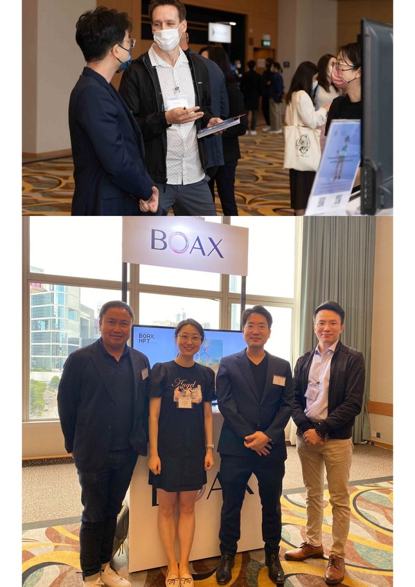[Top: Mr. Ian Wen(Left) answering enquiries from a potential client(Right) in front of the BOAX booth; Bottom: Co-founders and Marketing(second from the left) of BOAX]