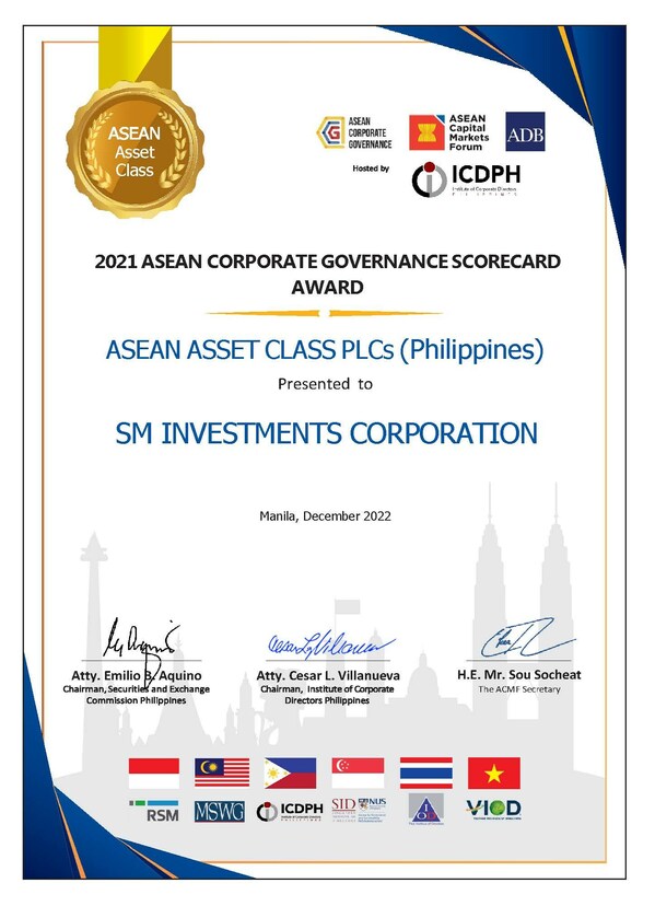 SM Investments is among the six SM companies recognized as the top-performing companies in the Philippines as part of the ASEAN Asset Class.